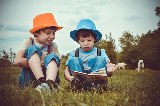 Two little boys reading a book at a park