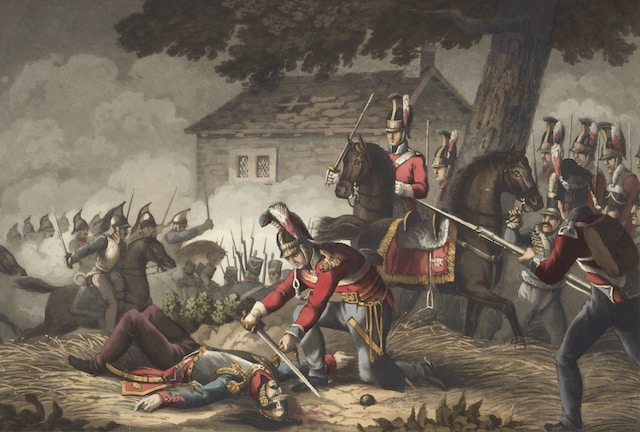 A painting depicting the Battle of Waterloo between the French and the British