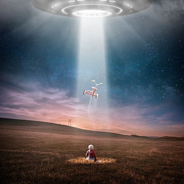 A child appears to sit in a field looking at her bicycle being sucked into a strange aircraft hovering above