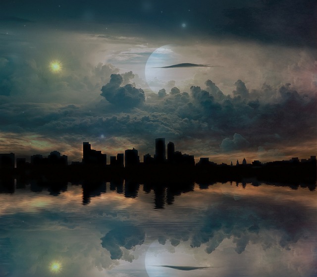 A cityscape set in a seemingly otherworldly setting with strange heavenly bodies in the sky