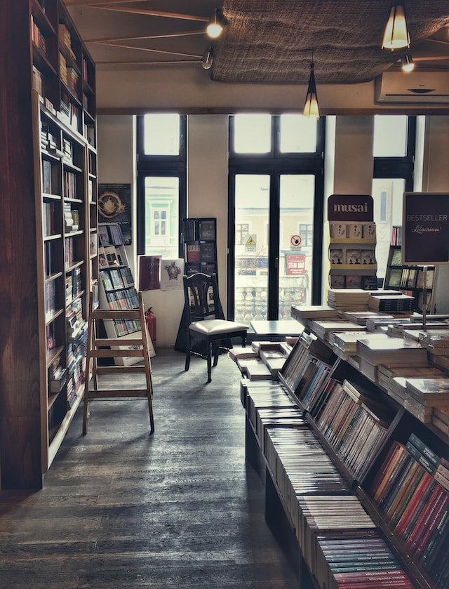 Assorted books on display inside a bookstore