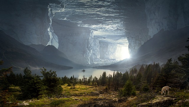 a fantastical landscape depending a green and woody field seemingly inside a cave