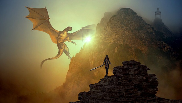 A dragon hovering over a person carrying a long sword in top of a rocky hill