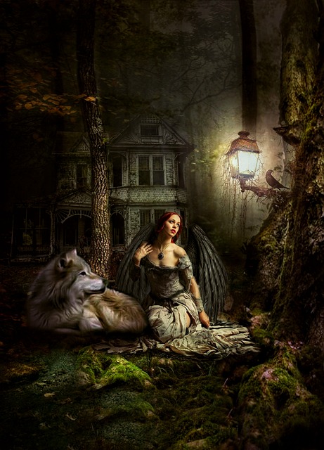 Winged woman sitting on the ground beside a gray wolf